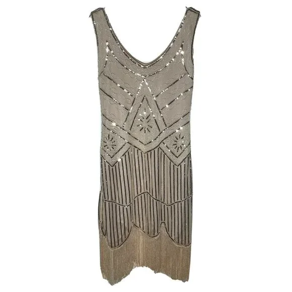 Unbranded | Dresses | Womens Flapper Dress M Sequin Beige Beaded Sleeveless  Back Zip Bottom Fringe | Poshmark